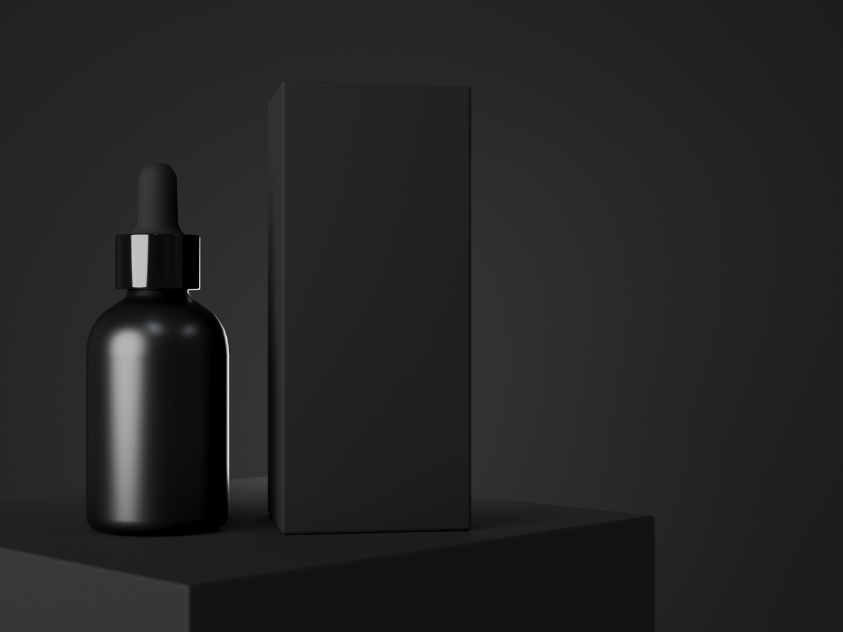 Black Cosmetic Dropper Bottle and Box for Mockup